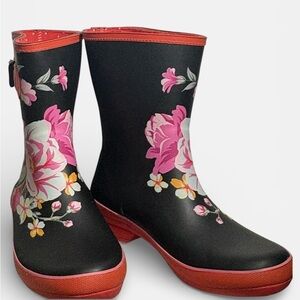 Chooka Black Boots with Pink and Red Floral Design